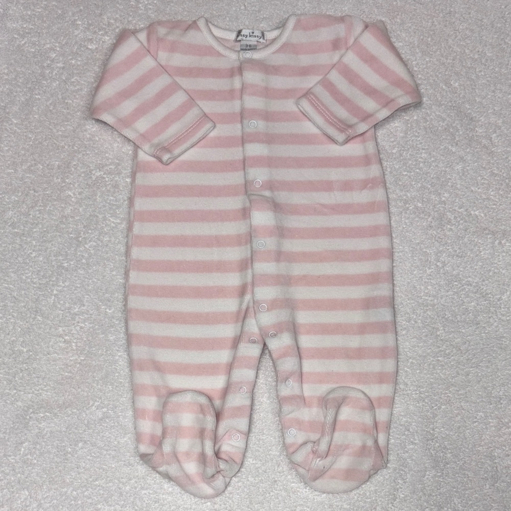 Kissy kissy Pink and White Striped Baby velour Footie 3/6m